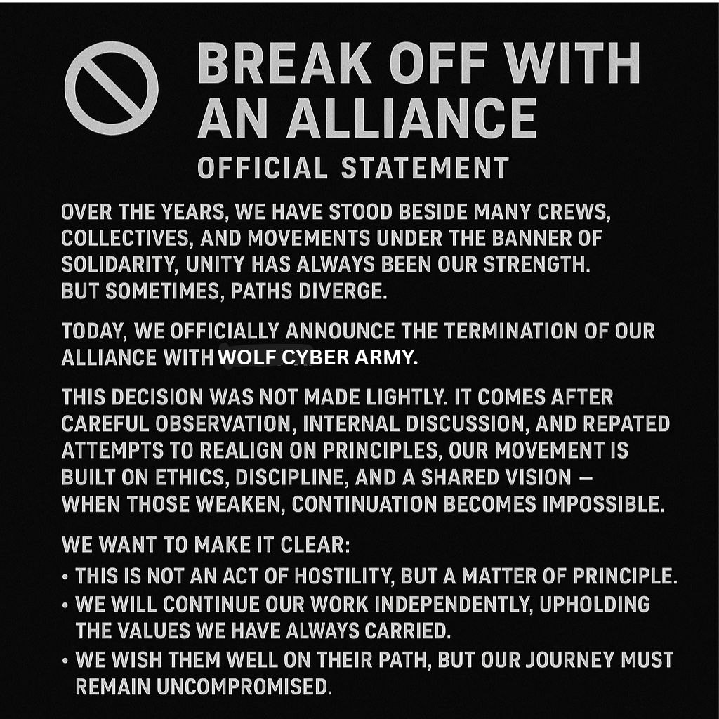 Statement / Termination of alliance with Wolf Cyber Army